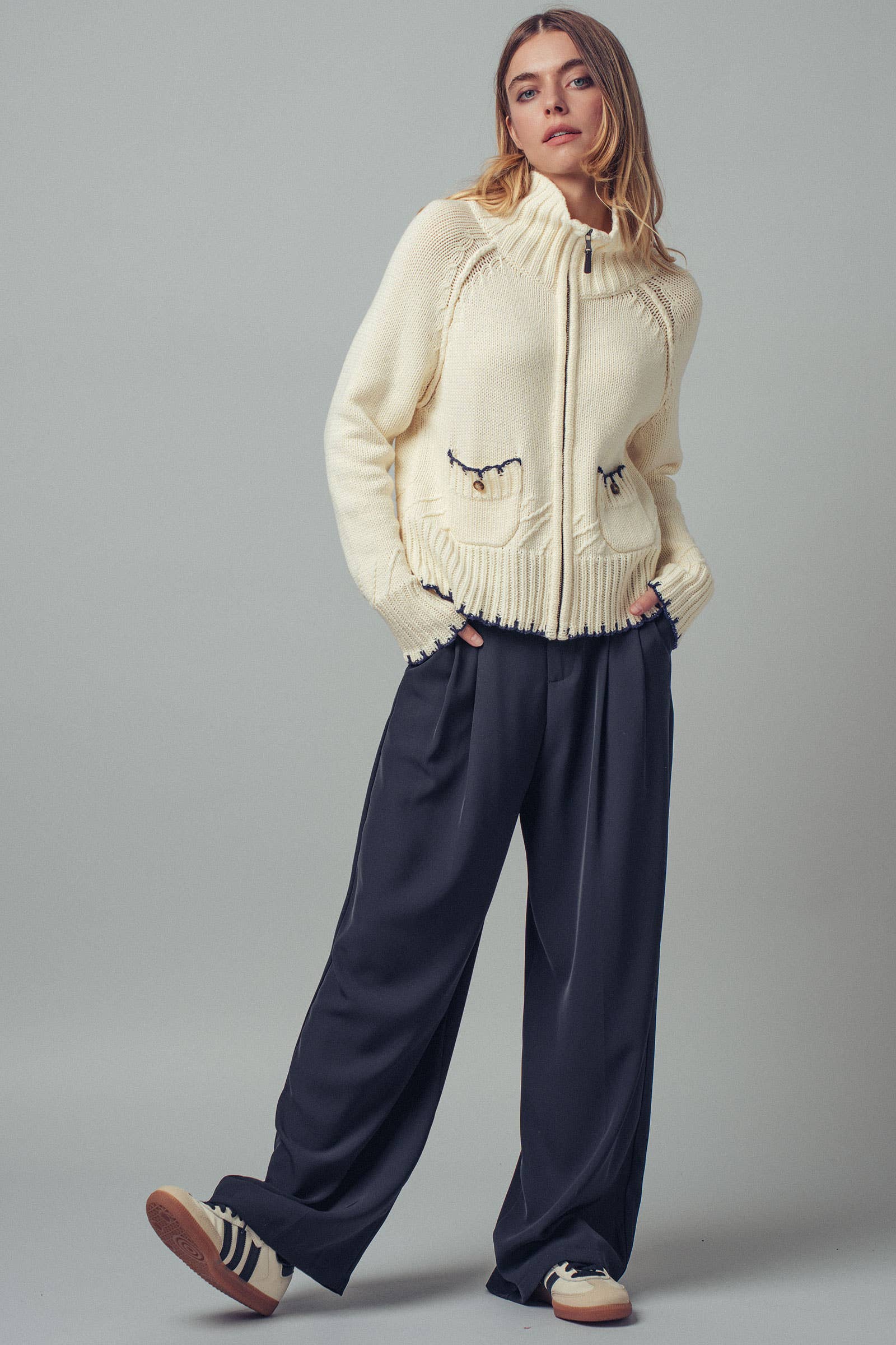 Modern Contrast-Trim Zip-Up Knit Sweater