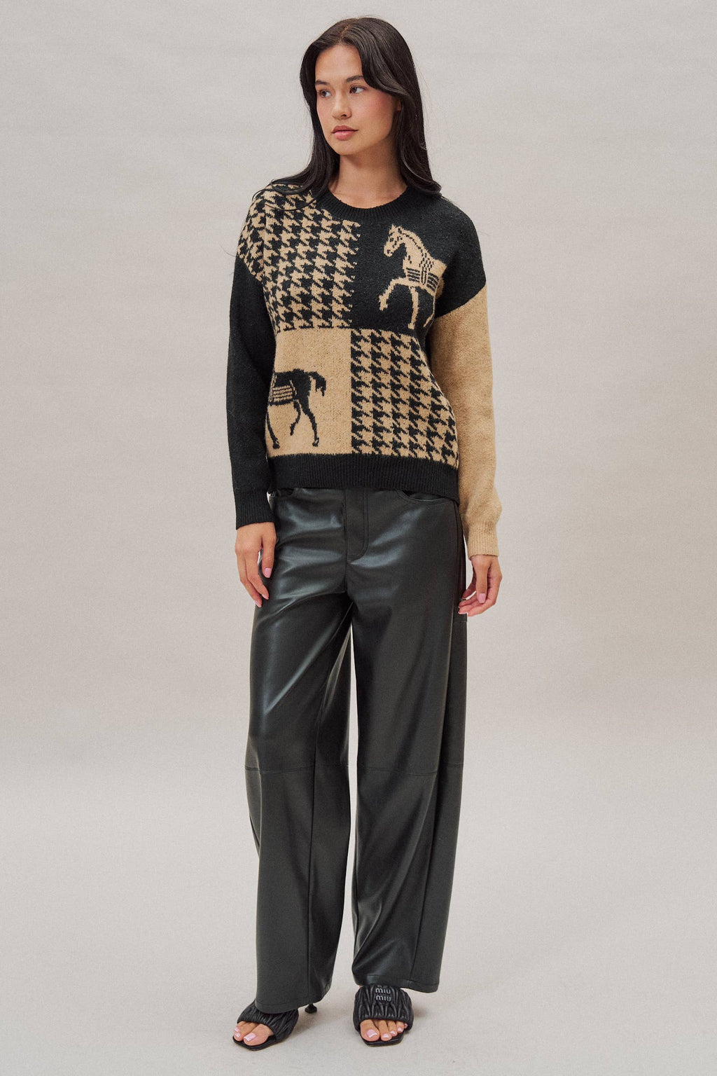 Houndstooth Horse Colorblock Knit Sweater