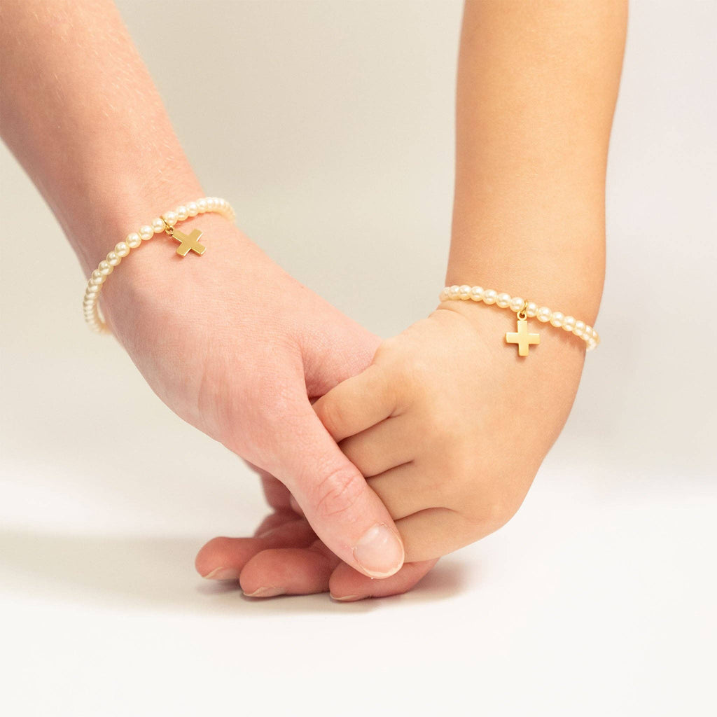18K Gold PVD Cross Charm Pearl Beaded Bracelet