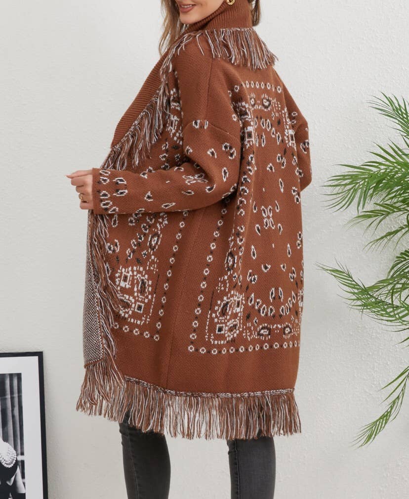 Western boho jacquard fringed open-front cardigan