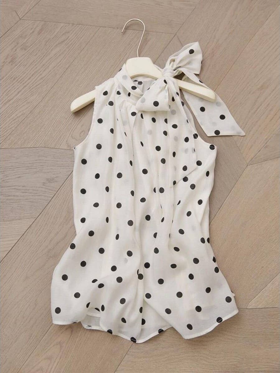 Polka dot tie neck loose fit flowy sleeveless blouse top
