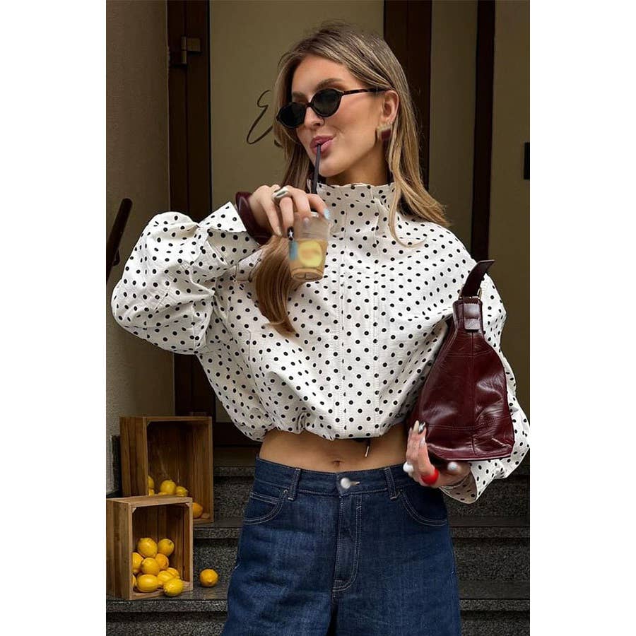 Turtleneck Zipper Polka Dot Printed Jacket
