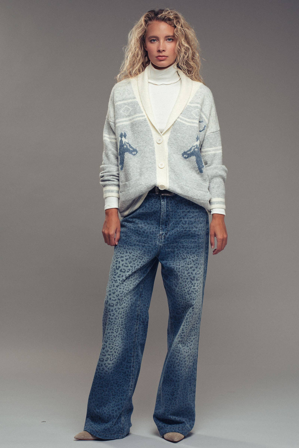 Horse Motif Shawl Collar Cardigan