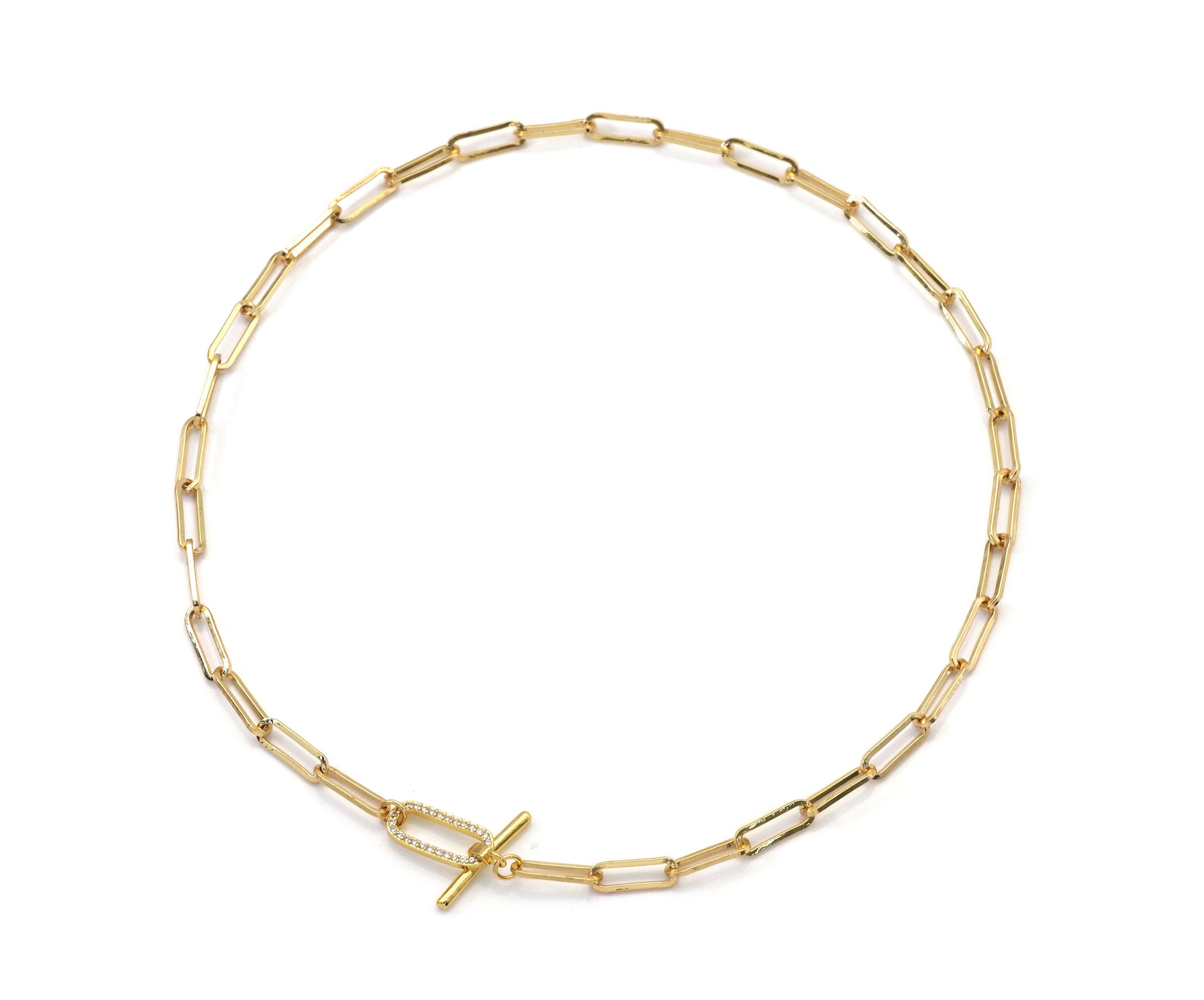 Paperclip Chain Necklace Bracelet with CZ Toggle
