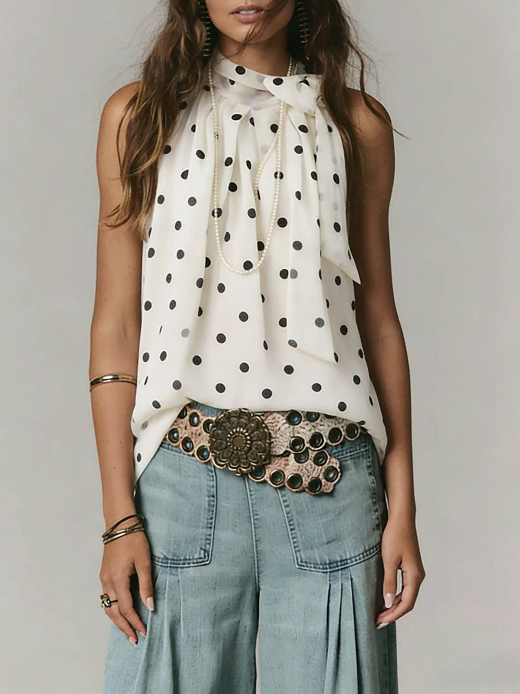 Polka dot tie neck loose fit flowy sleeveless blouse top