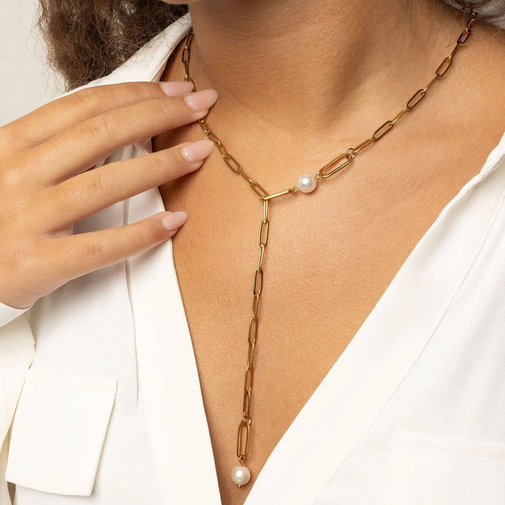 18K Gold PVD Stainless Steel Y Paperclip Necklace with Pearl