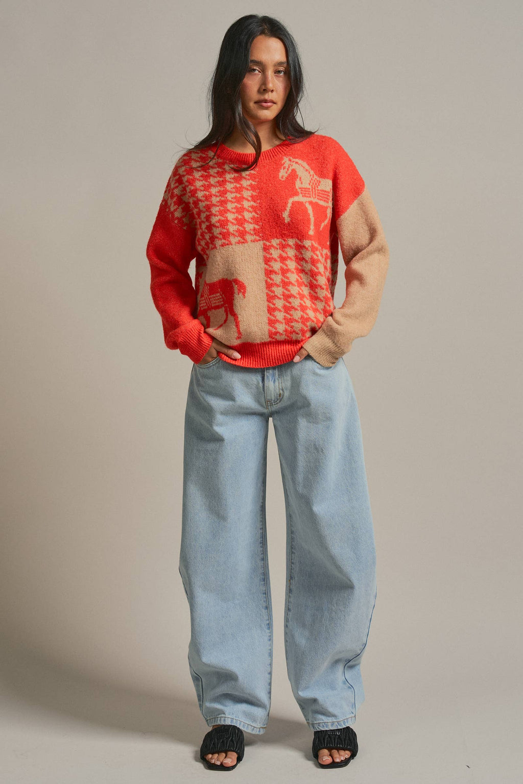 Houndstooth Horse Colorblock Knit Sweater