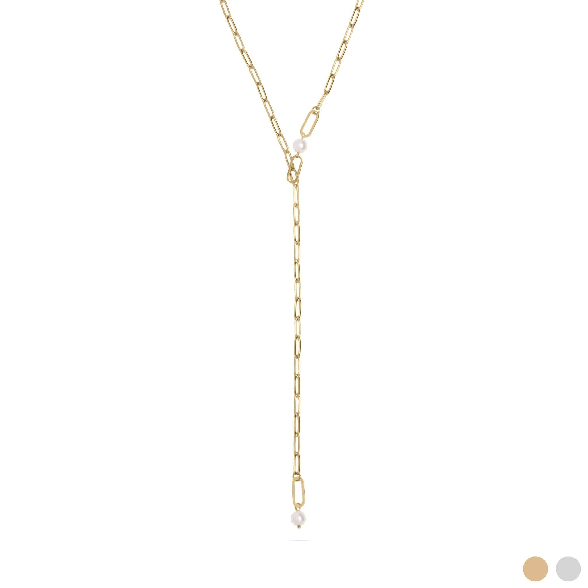 18K Gold PVD Stainless Steel Y Paperclip Necklace with Pearl