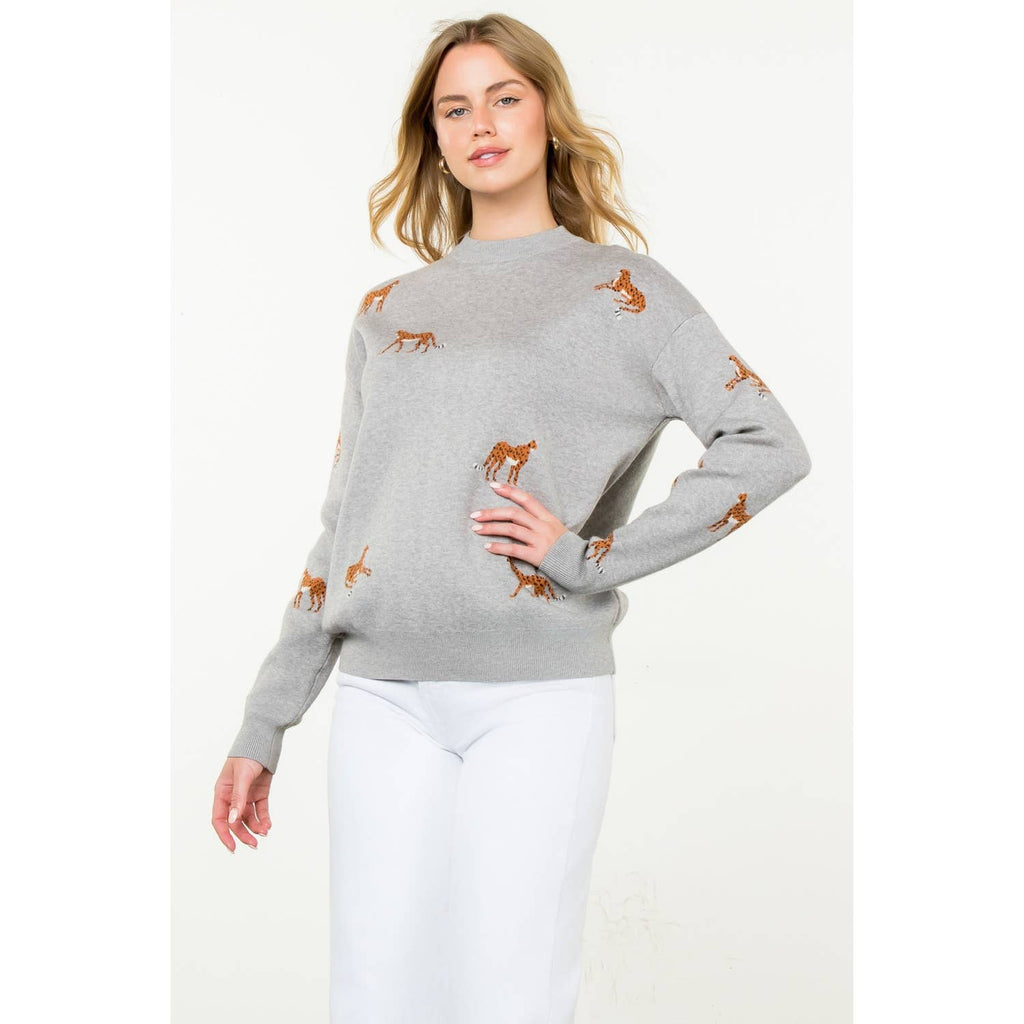 Embroidered Cheetah Crew Neck Sweater