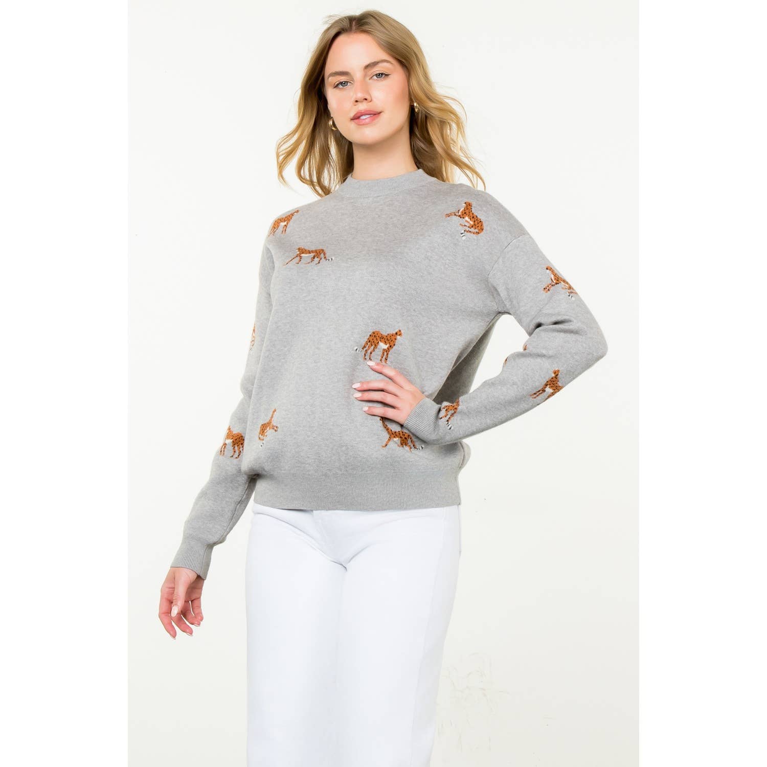 Embroidered Cheetah Crew Neck Sweater