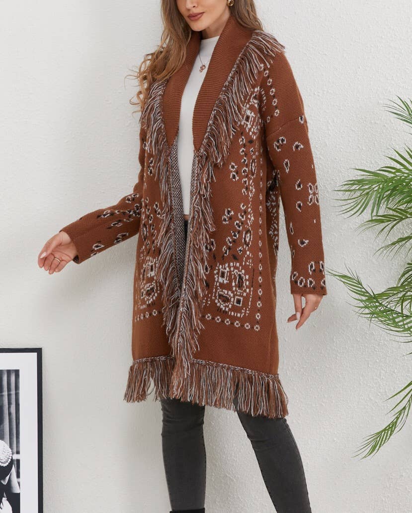 Western boho jacquard fringed open-front cardigan