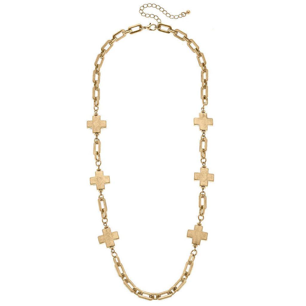 Edith Square Cross Station Necklace in Worn Gold