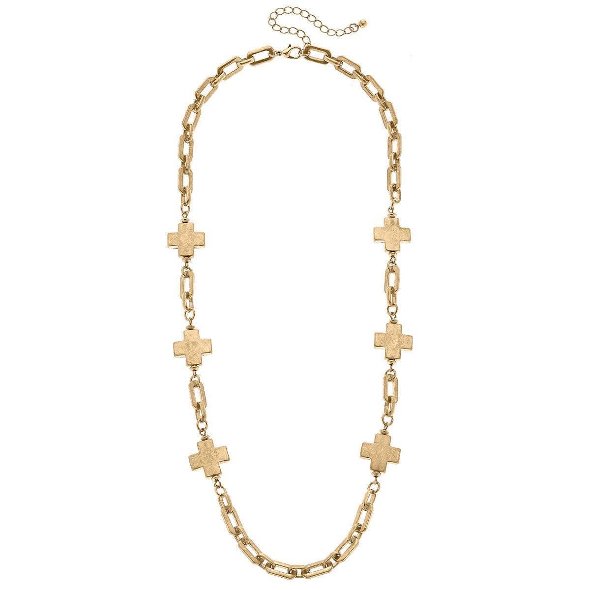 Edith Square Cross Station Necklace in Worn Gold