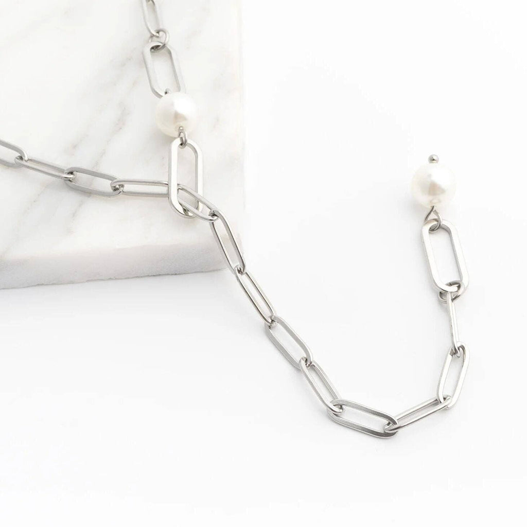 18K Gold PVD Stainless Steel Y Paperclip Necklace with Pearl