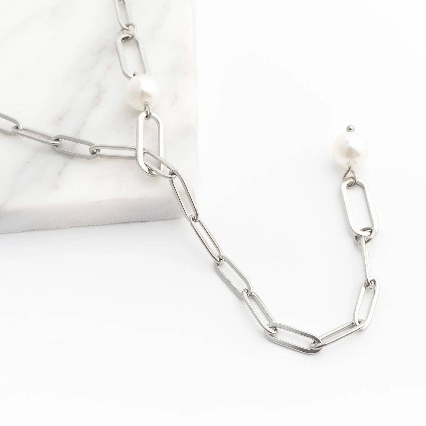 18K Gold PVD Stainless Steel Y Paperclip Necklace with Pearl