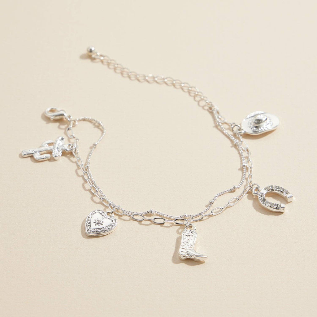 Western Charm Bracelet with Cowboy Boot, Hat, Horseshoe, Cactus & Heart Pendants