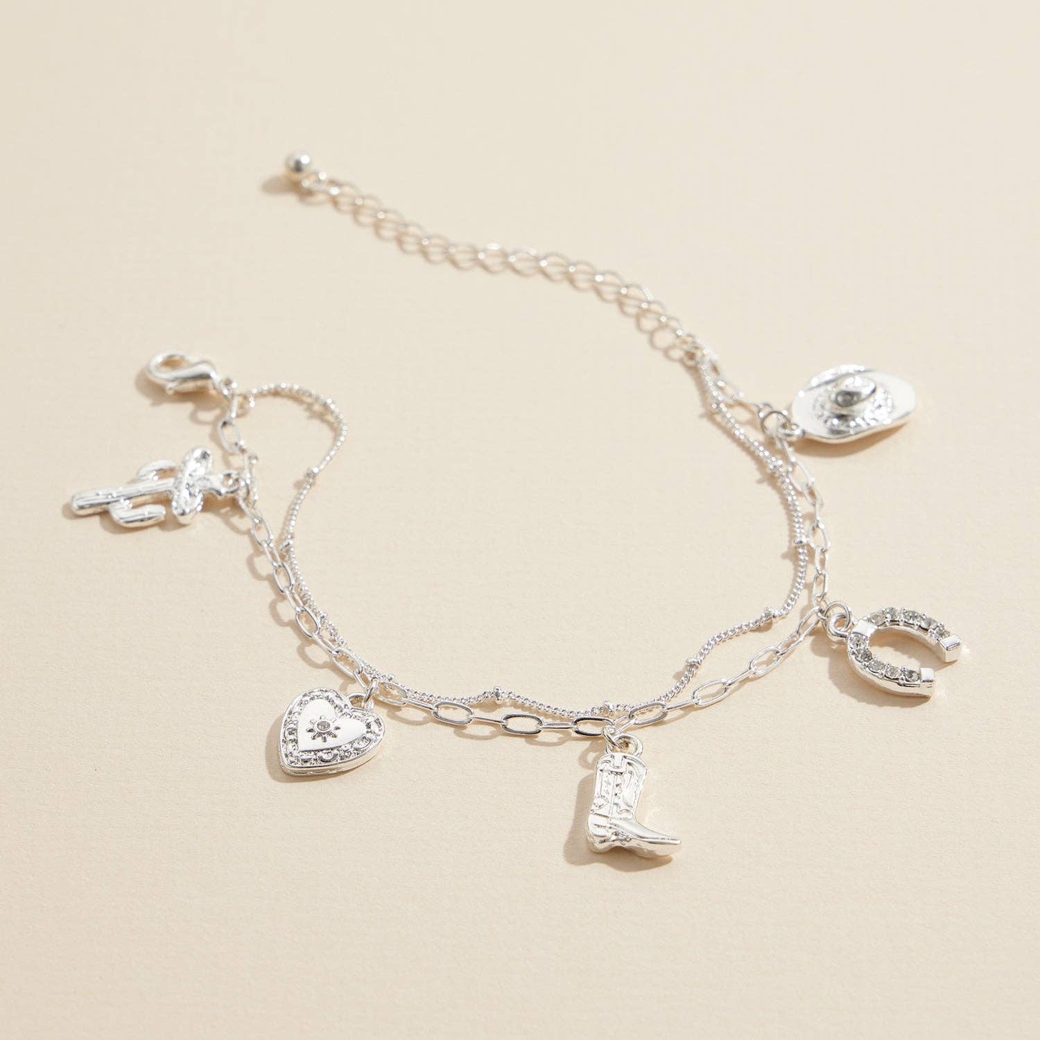 Western Charm Bracelet with Cowboy Boot, Hat, Horseshoe, Cactus & Heart Pendants