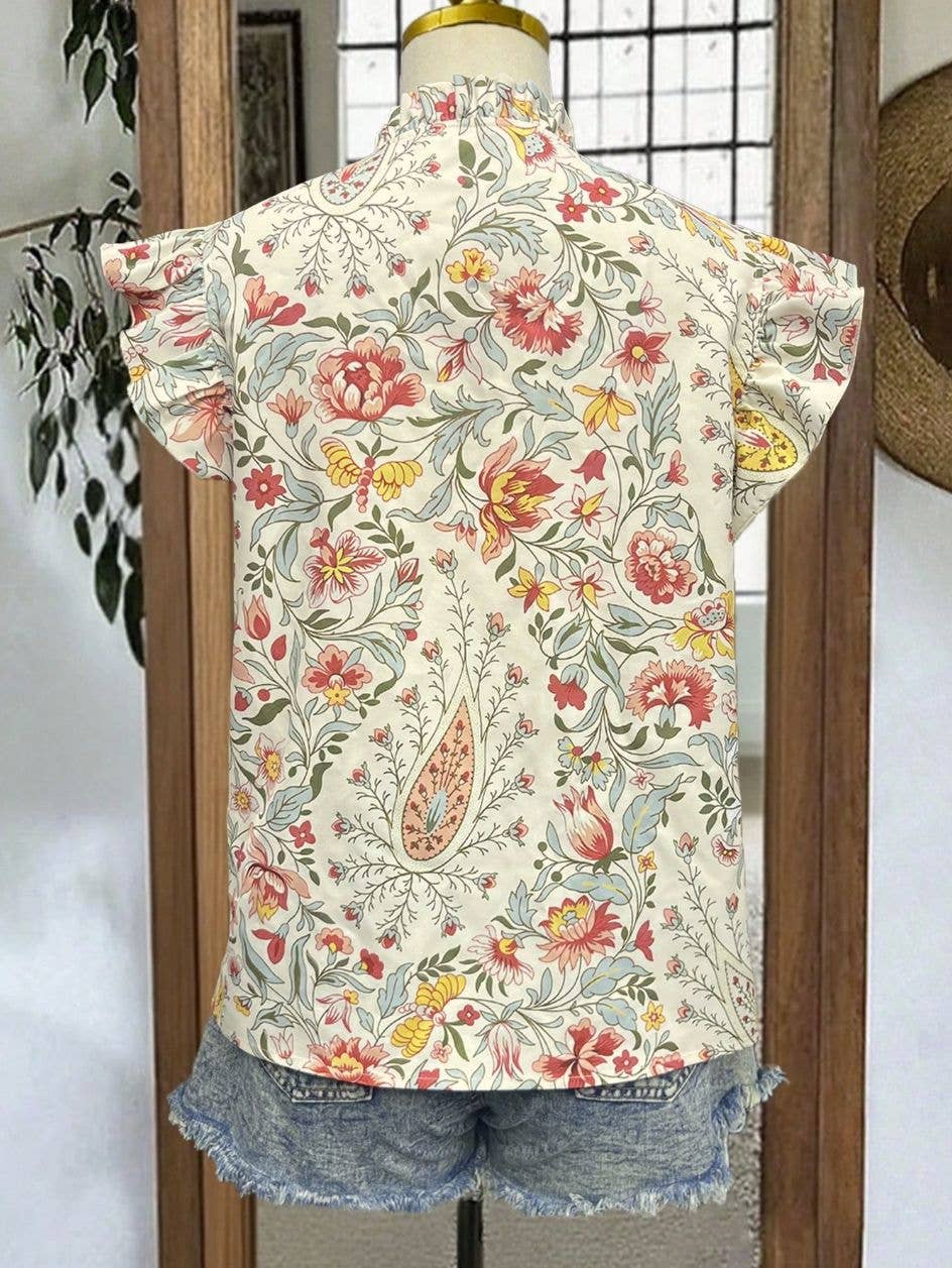 Retro floral print shirt ruffle flutter sleeve blouse