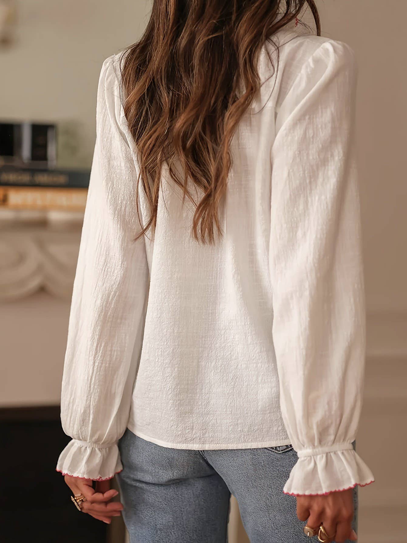 Ruffled Trim Boho Floral Print Buttoned Blouse