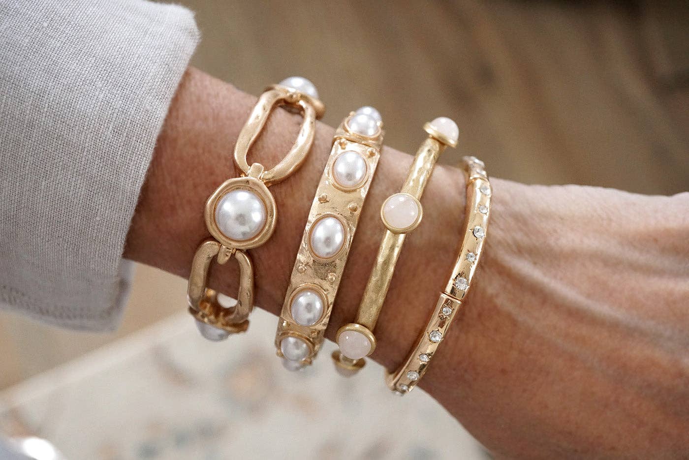 Gold-Tone Eternity Stretch Bangle – Pearls, Turquoise, or Crystals