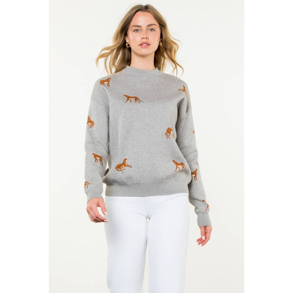 Embroidered Cheetah Crew Neck Sweater