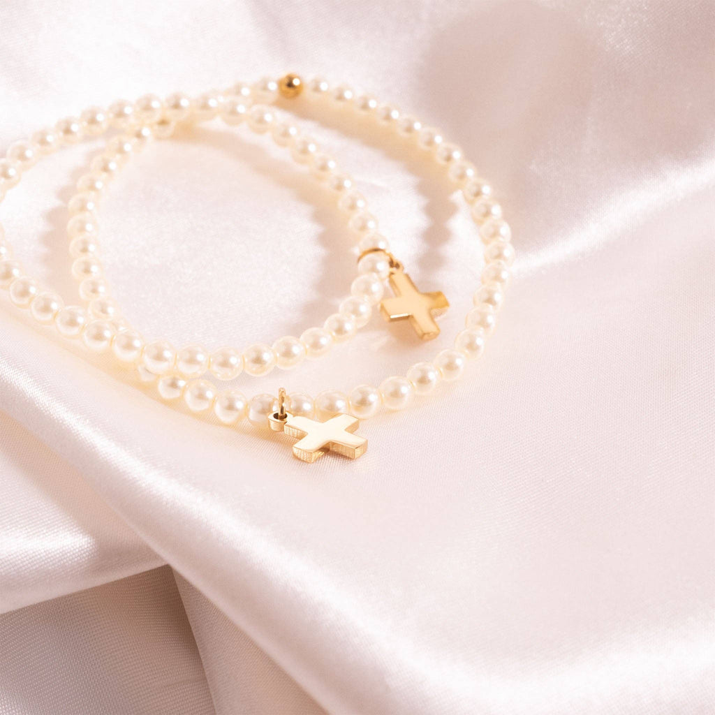 18K Gold PVD Cross Charm Pearl Beaded Bracelet