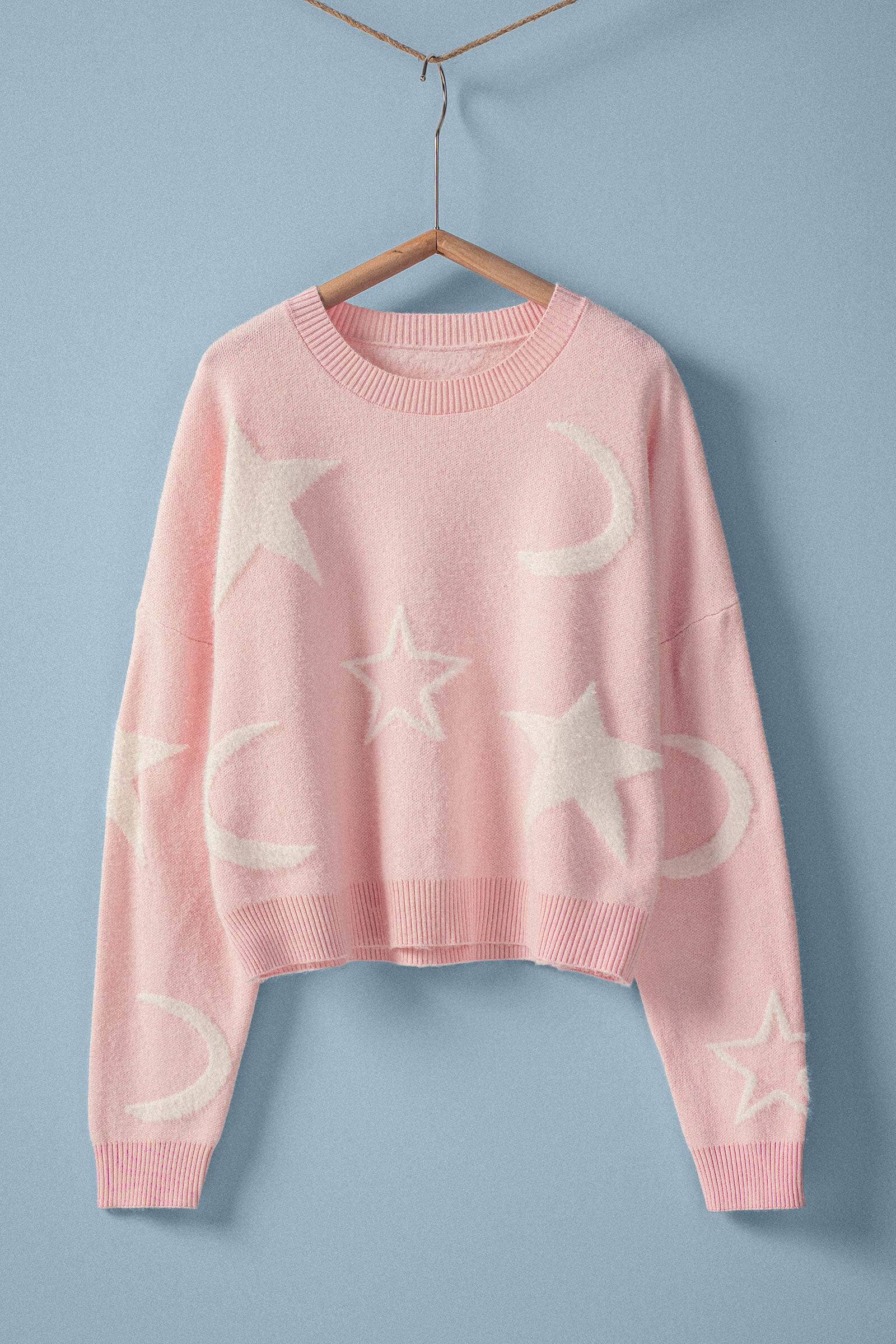Celestial Star Moon Pattern Ribbed Crew Neck Cropped Sweater