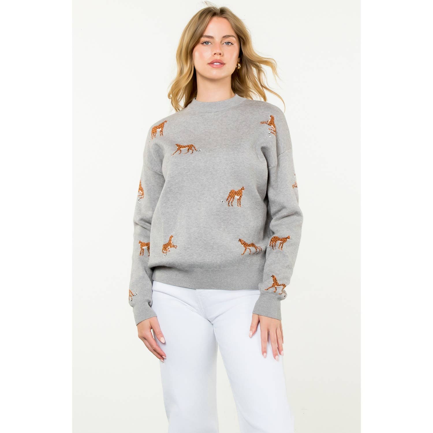 Embroidered Cheetah Crew Neck Sweater