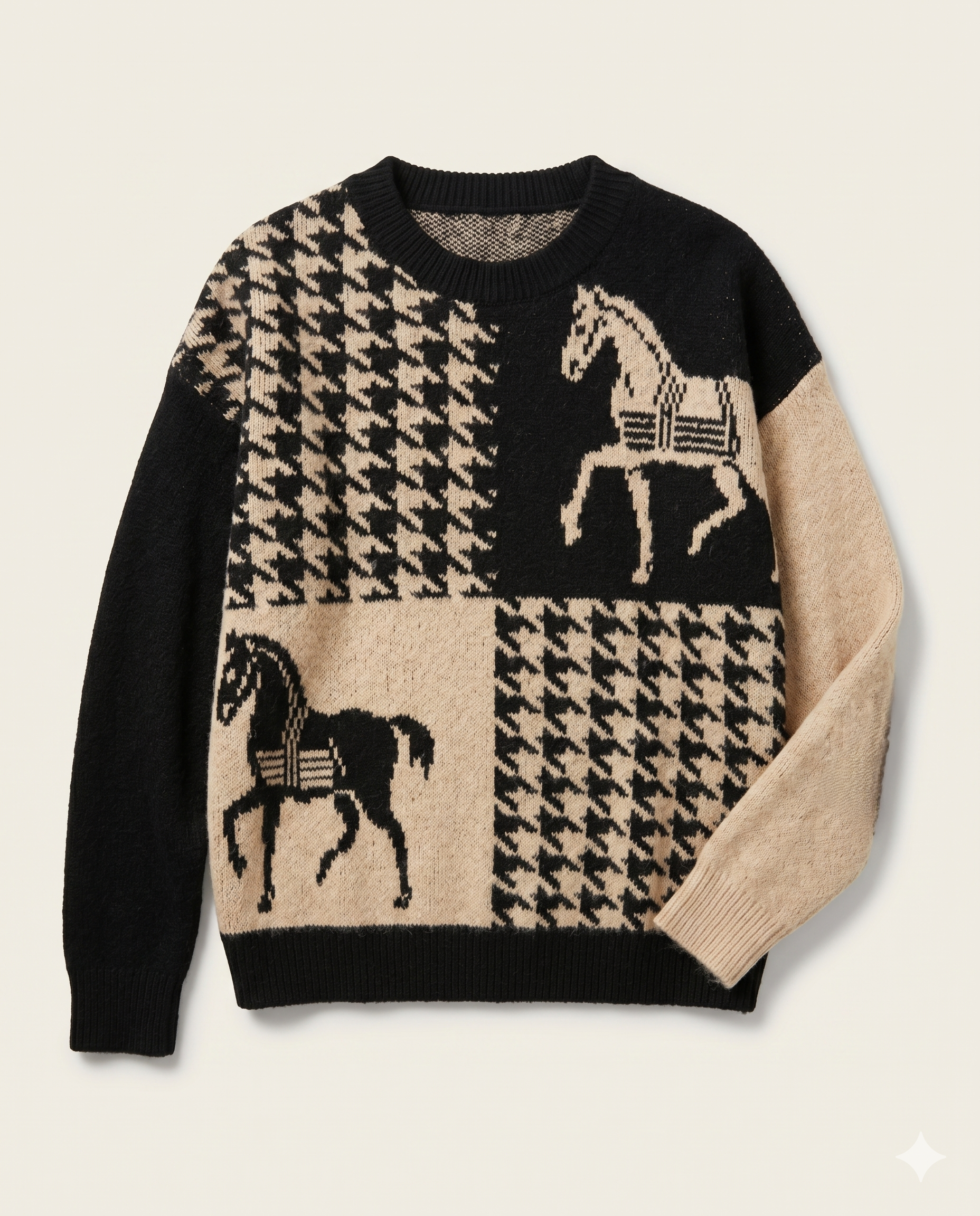 Houndstooth Horse Colorblock Knit Sweater