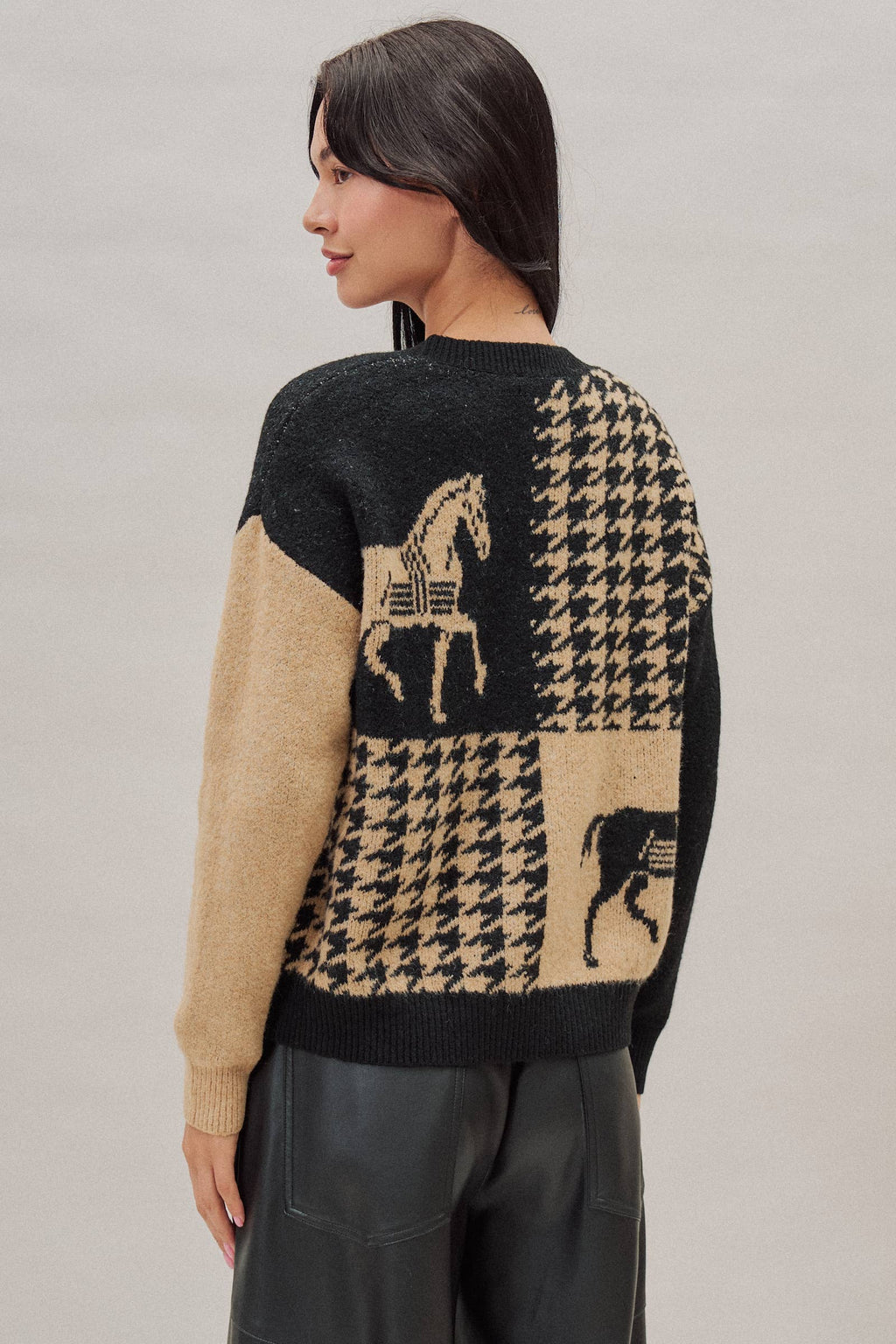 Houndstooth Horse Colorblock Knit Sweater