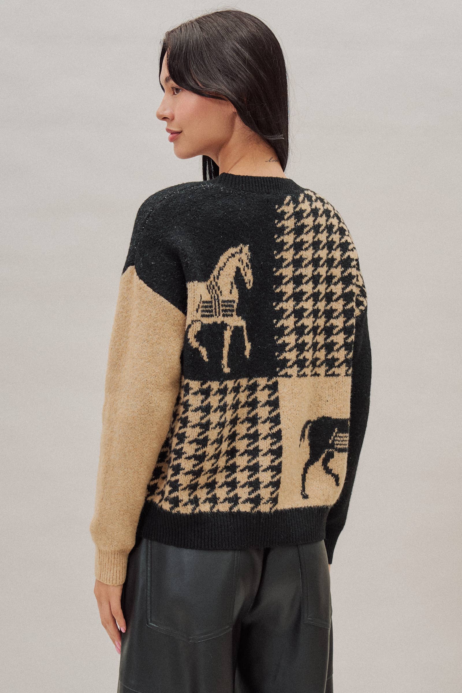 Houndstooth Horse Colorblock Knit Sweater