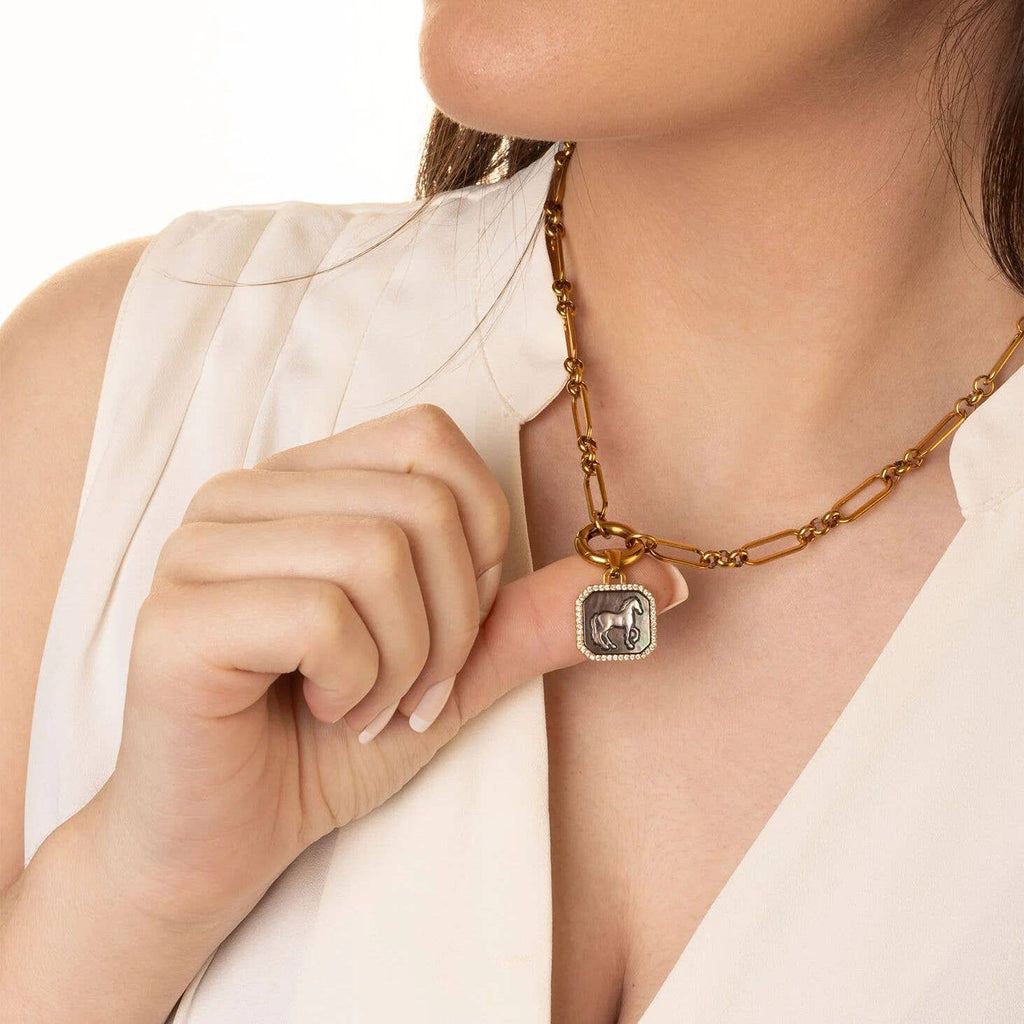 18K Gold Stainless Steel MOP Horse With CZ Stone Pendant