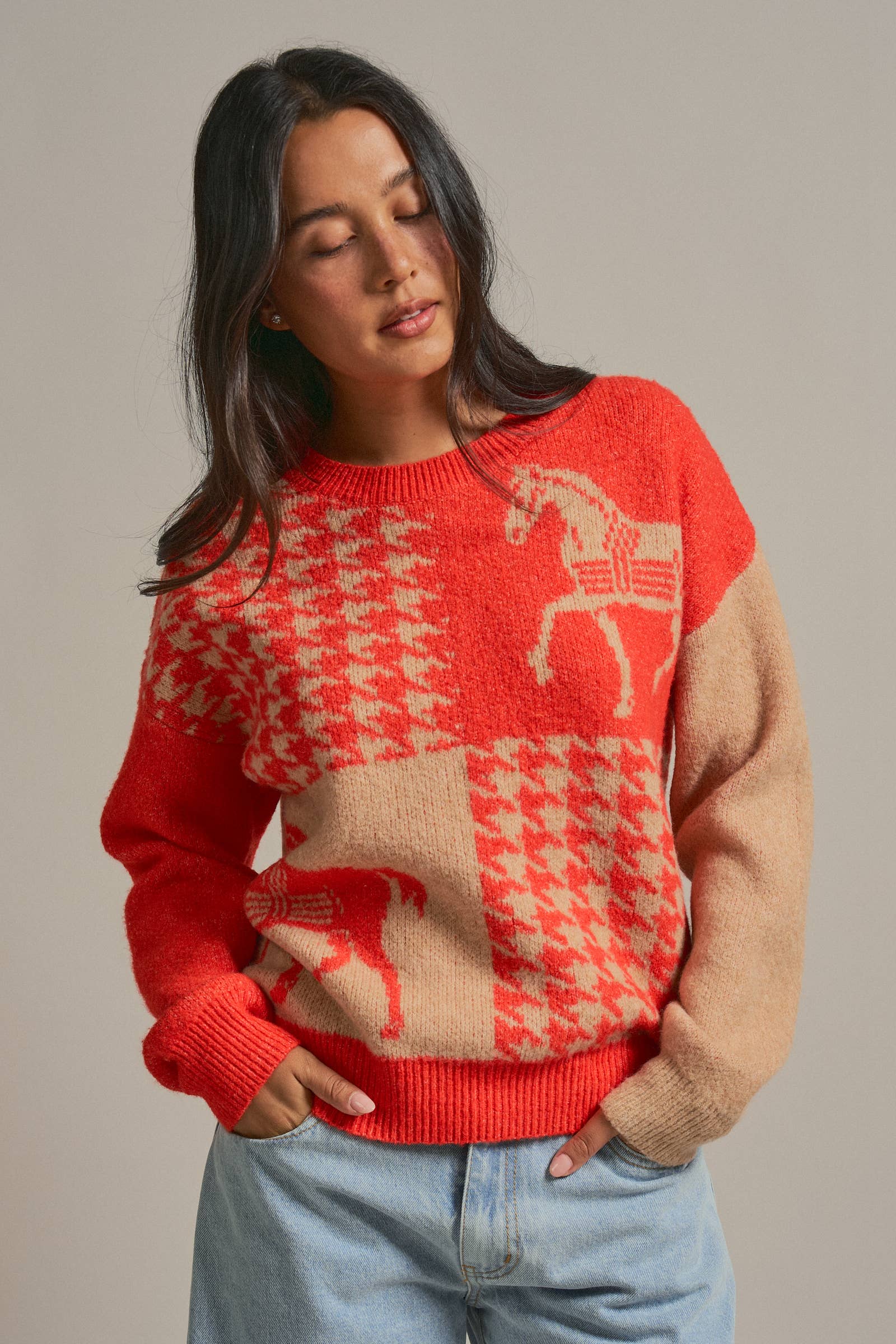 Houndstooth Horse Colorblock Knit Sweater