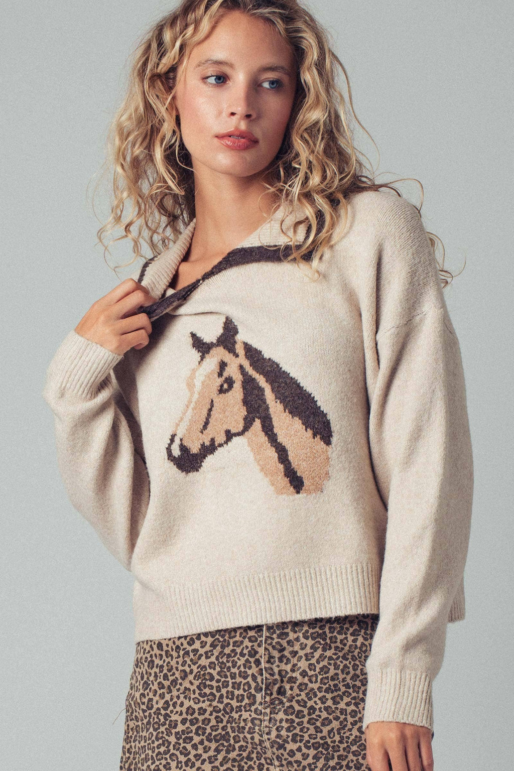 Equestrian Horse Intarsia Knit Sweater