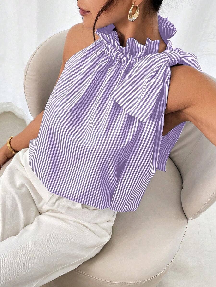 Fashion Striped Lace High Collar Tied Sleeveless Top