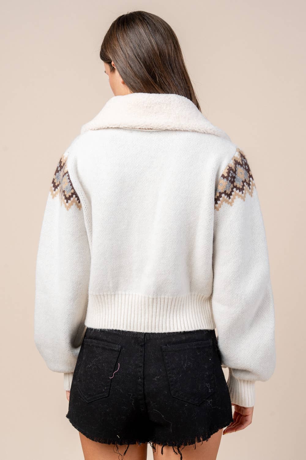 CG60059B / ZIP FRONT CARDIGAN SWEATER W/ FUR COLLAR