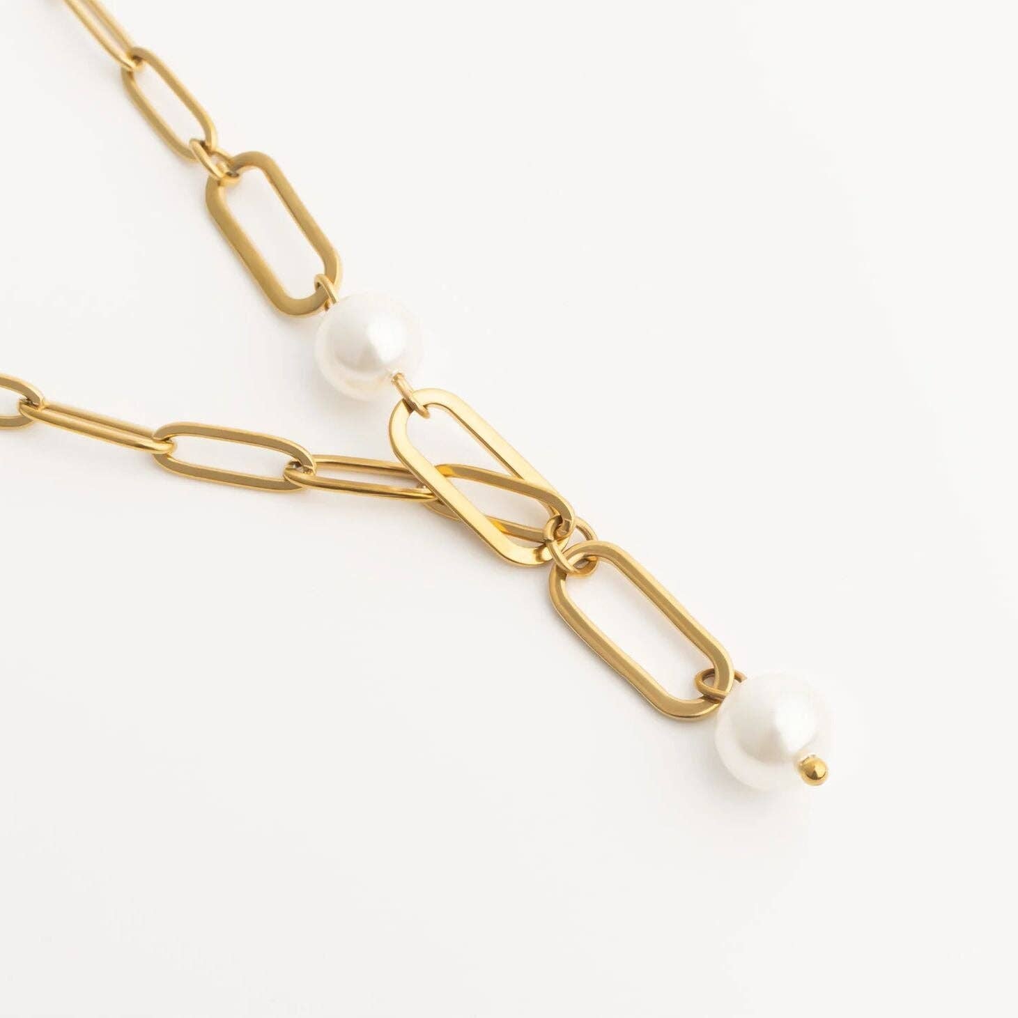 18K Gold PVD Stainless Steel Y Paperclip Necklace with Pearl