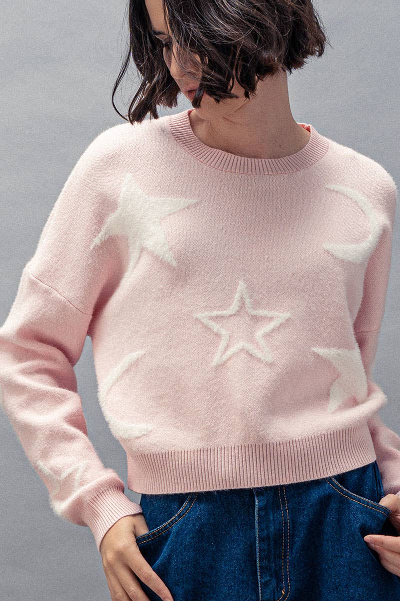Celestial Star Moon Pattern Ribbed Crew Neck Cropped Sweater