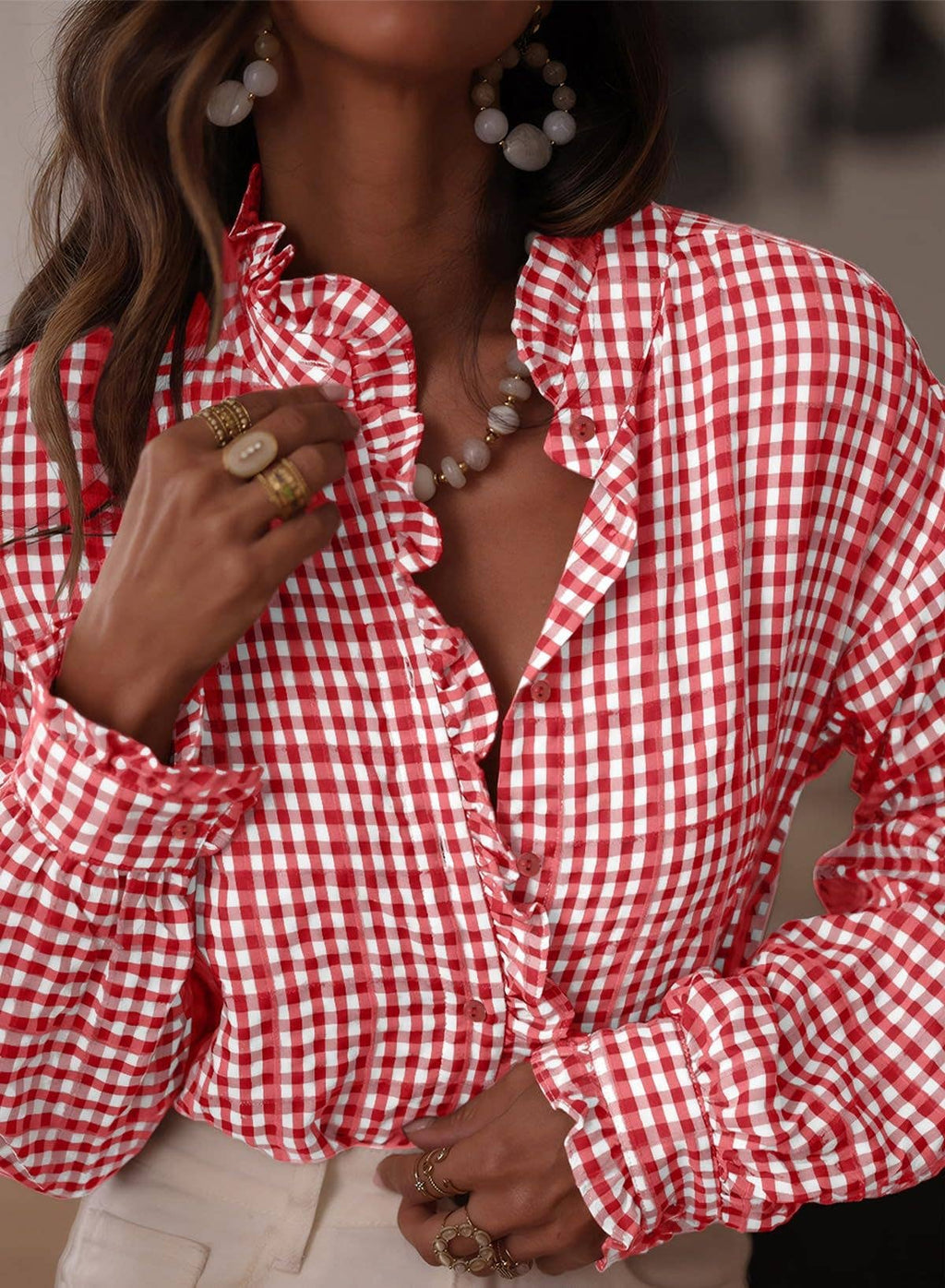 Gingham Check Plaid Ruffled Detail Shirt Blouse