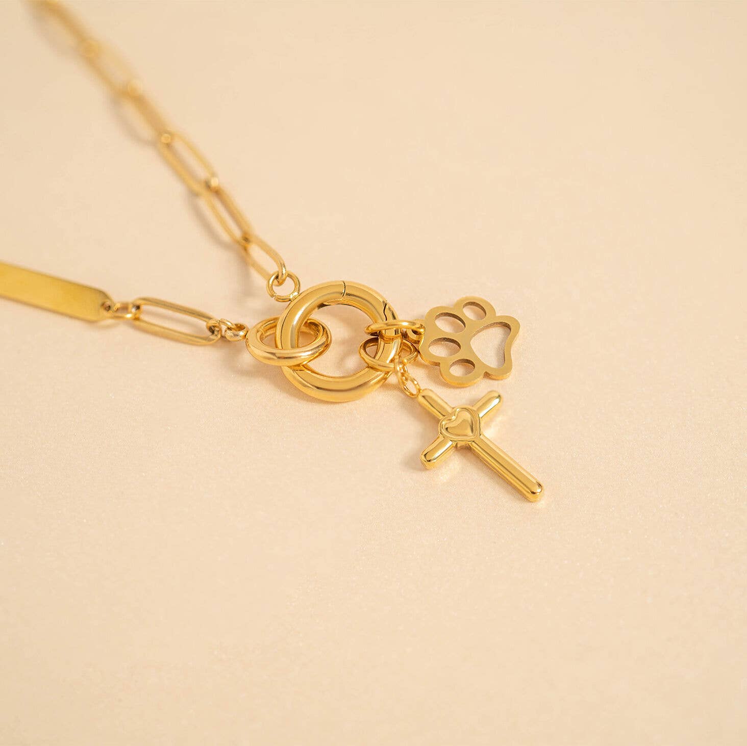 18K Gold PVD Stainless Steel Heart in Cross Charm