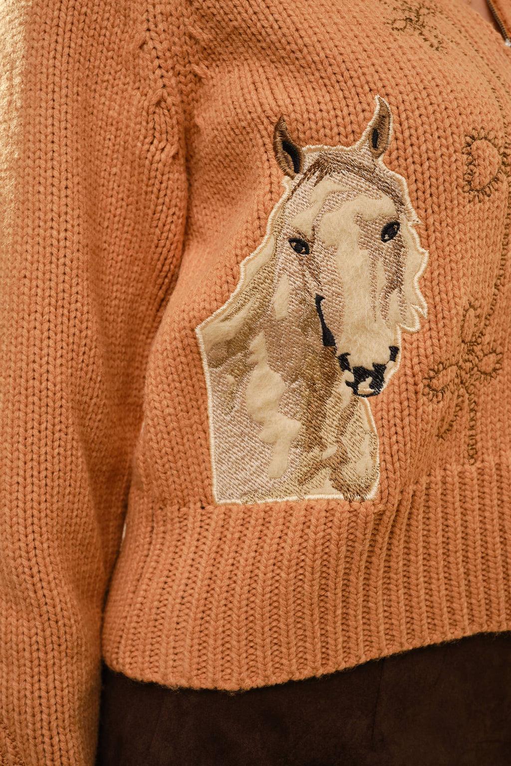 37044W - Horse Embroidered Zip Up Mock Neck Sweater