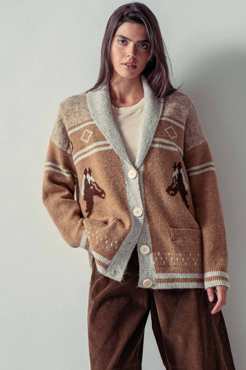 Horse Motif Shawl Collar Cardigan