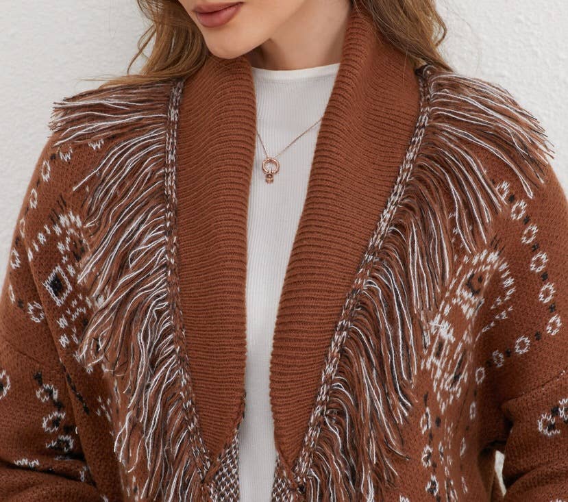 Western boho jacquard fringed open-front cardigan