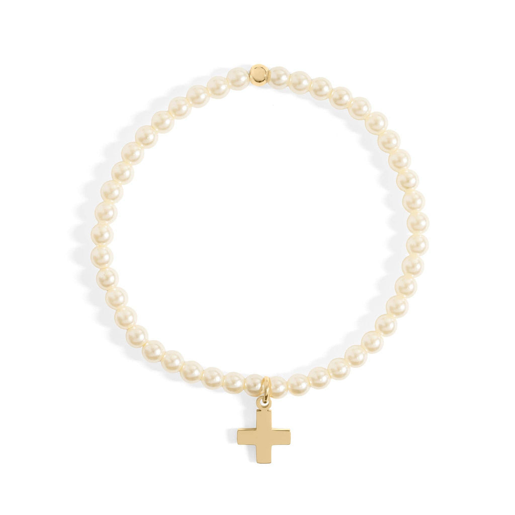 18K Gold PVD Cross Charm Pearl Beaded Bracelet