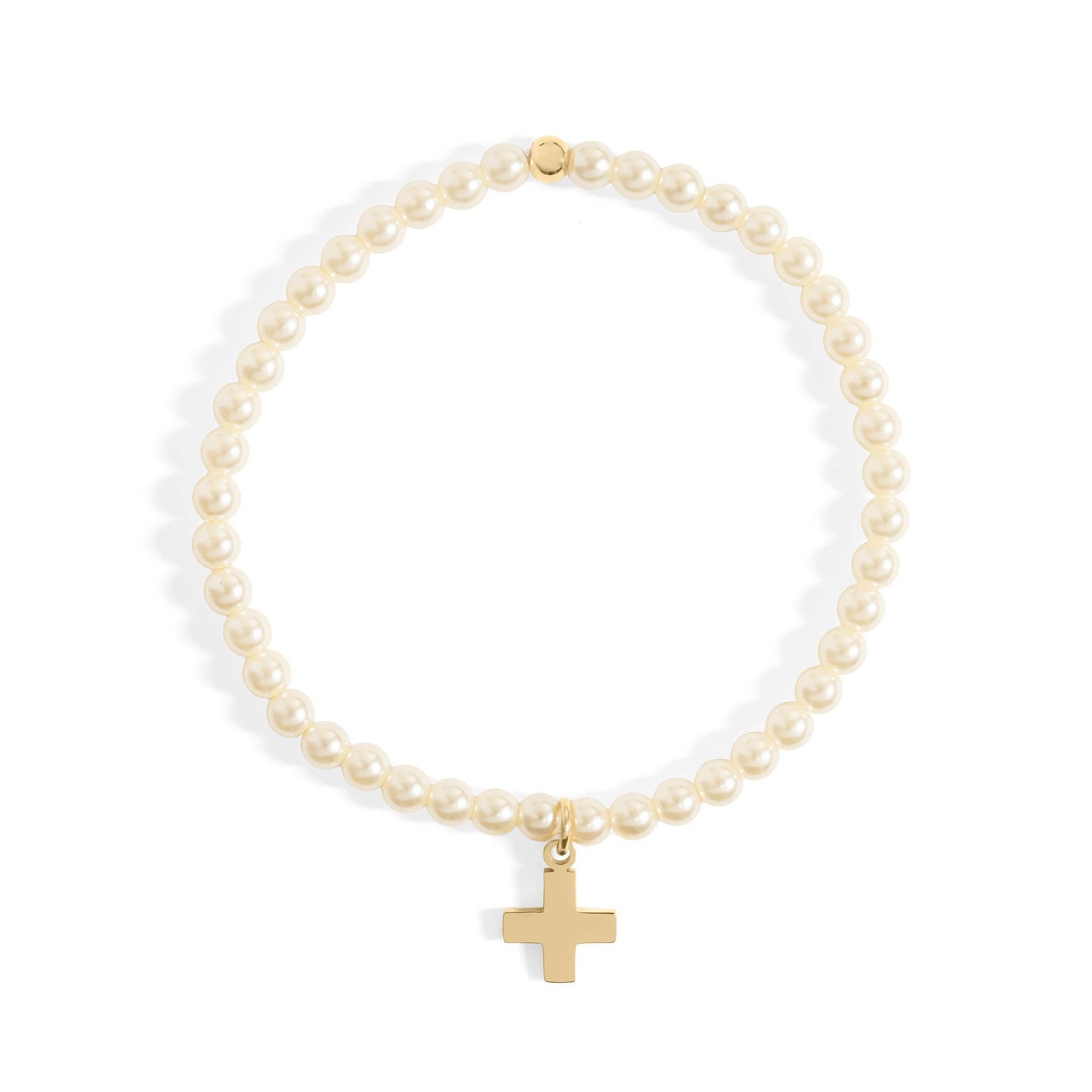 18K Gold PVD Cross Charm Pearl Beaded Bracelet