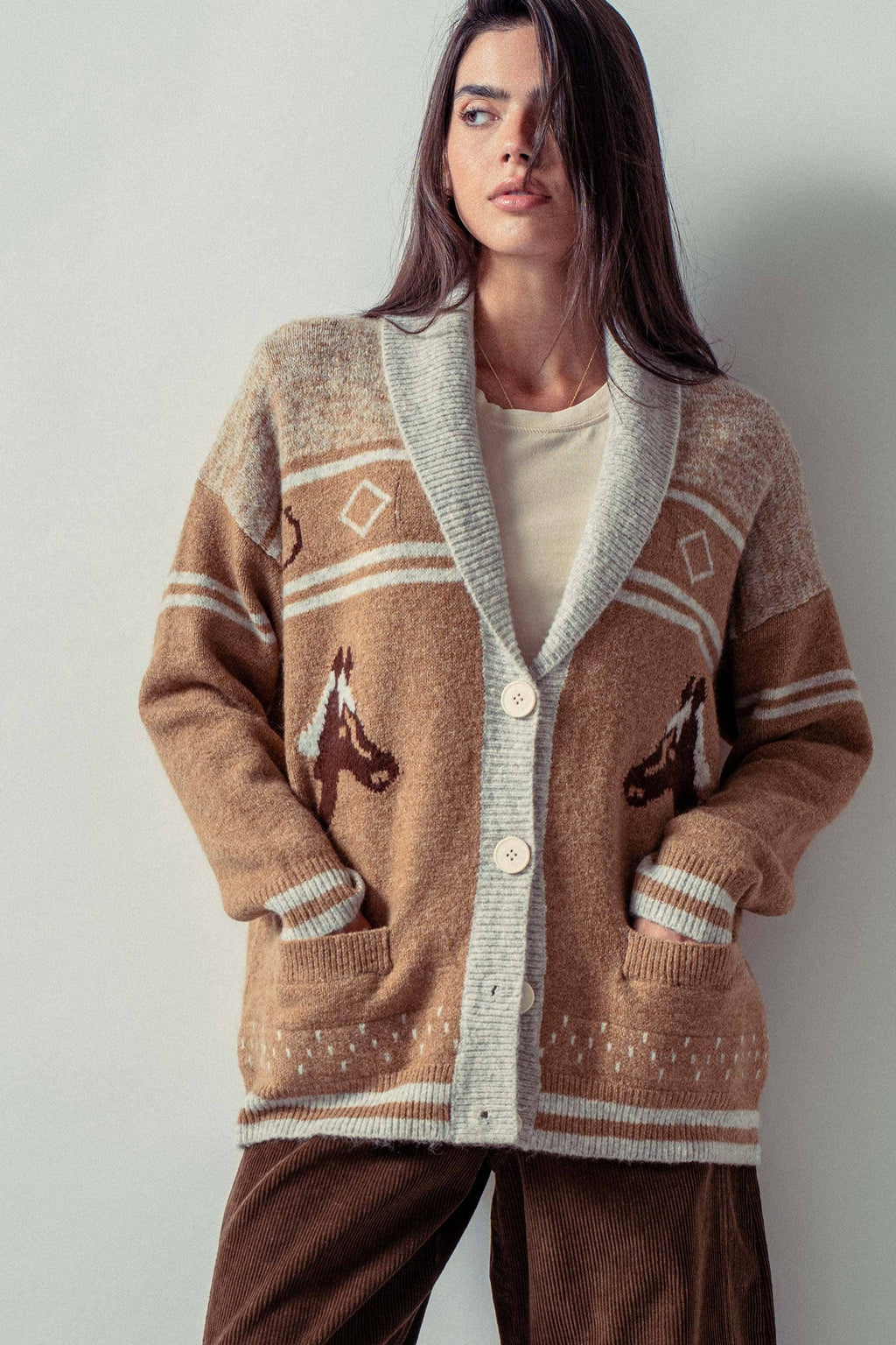 Horse Motif Shawl Collar Cardigan
