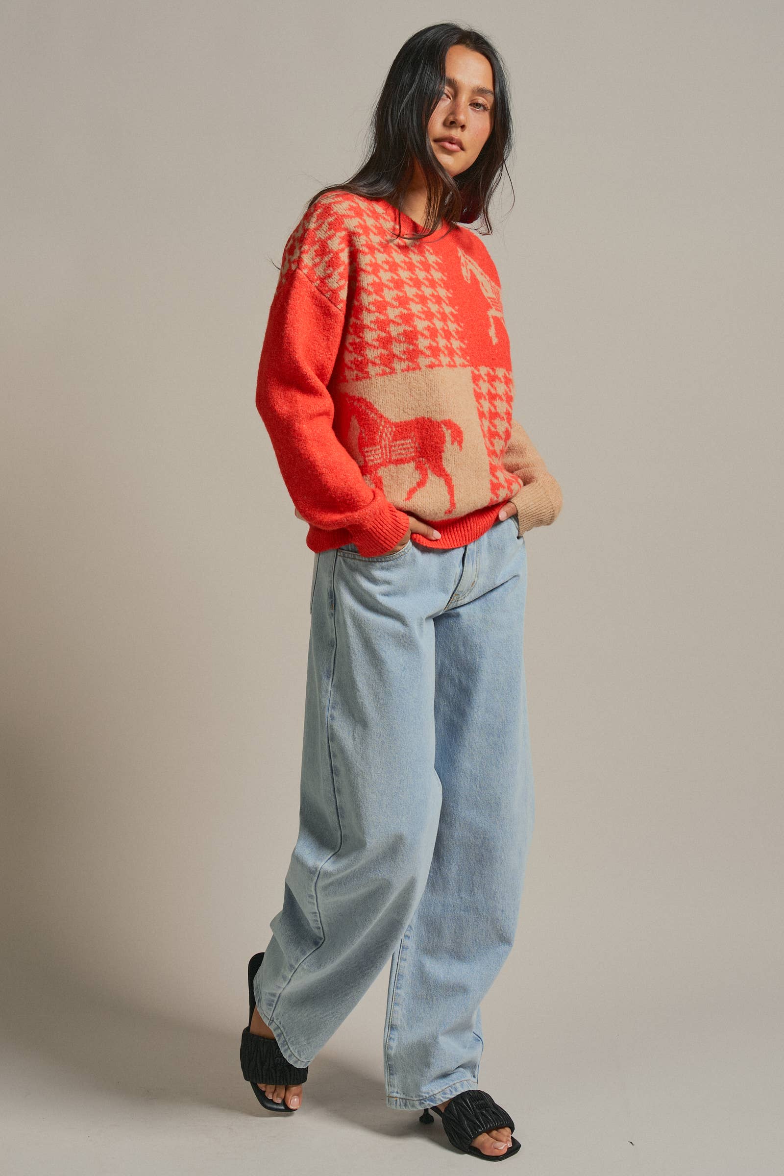 Houndstooth Horse Colorblock Knit Sweater