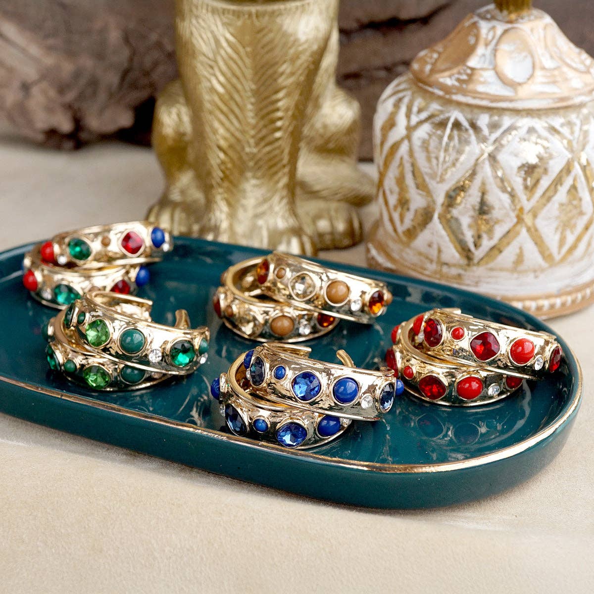 Celestial Glow – Jeweled Hoop Earrings - Clear Blues Browns Greens Reds