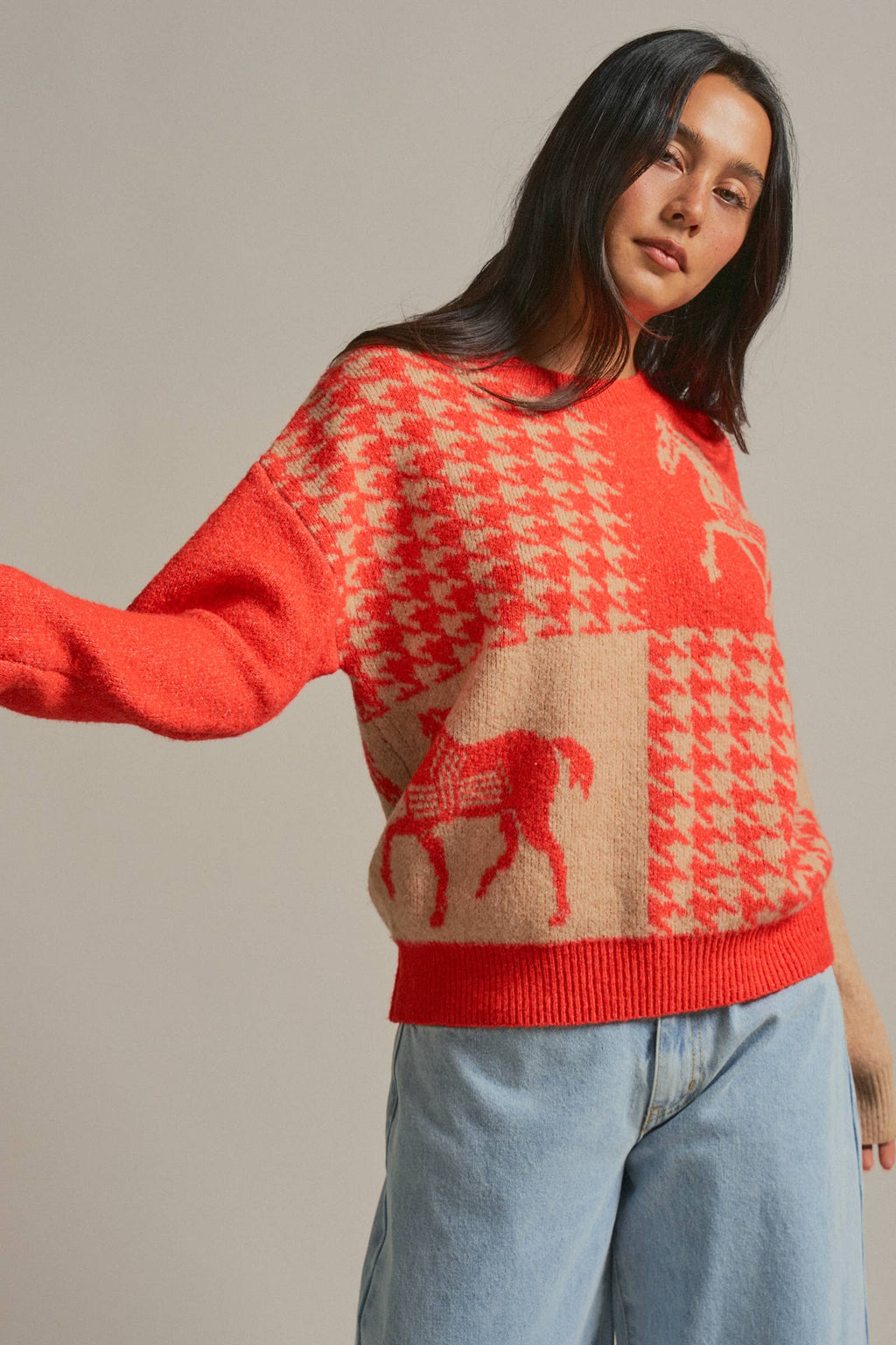 Houndstooth Horse Colorblock Knit Sweater
