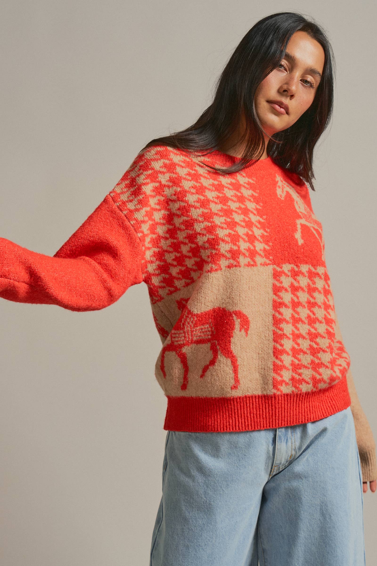 Houndstooth Horse Colorblock Knit Sweater